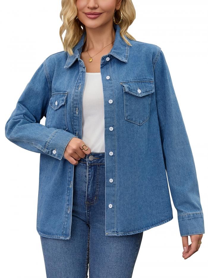 CIMUK レディース ジーンズジャケット 長袖 ボタンダウン シャケット ポケット付き 軽量デニムジャケット ブルー M