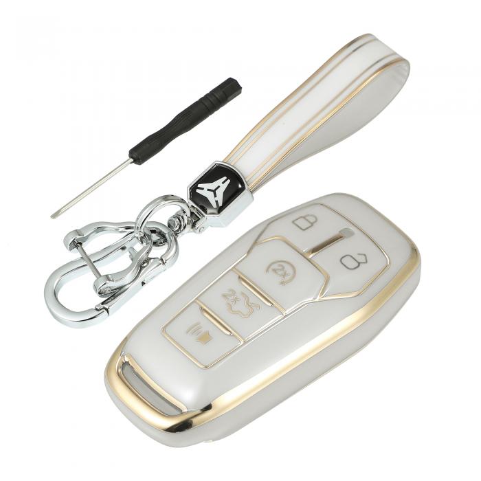 X AUTOHAUX 車のリモートキーフォブケースカバー キーチェーン付き 5つのボタン 全面保護 TPU Fordに対応 Fusionに対応 2013-2016に対応 Fordに対応 F150に対応 2015-2017に対応 ホワイト