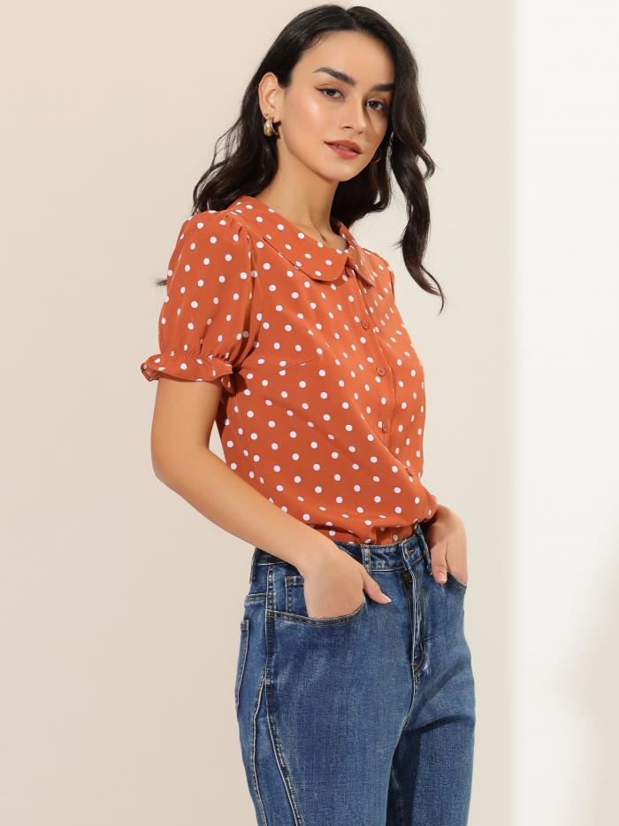 Allegra K フリル水玉 トップス ヴィンテージ シャツ パフスリーブ レディース オレンジレッド L
