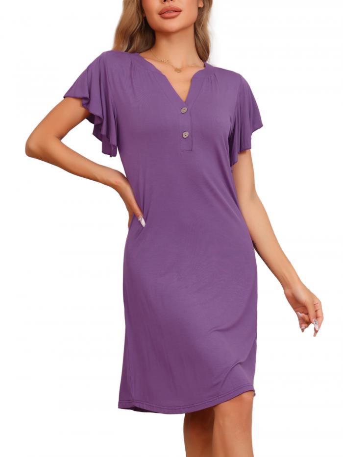 cheibear レディースパジャマ Vネック ナイトシャツ ラウンジウェア フリル 半袖 ナイトガウン パープル L