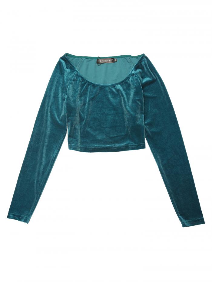 Allegra K レディースベルベットロングスリーブオフショルダーソリッドクロップトップ ピーコックブルー M