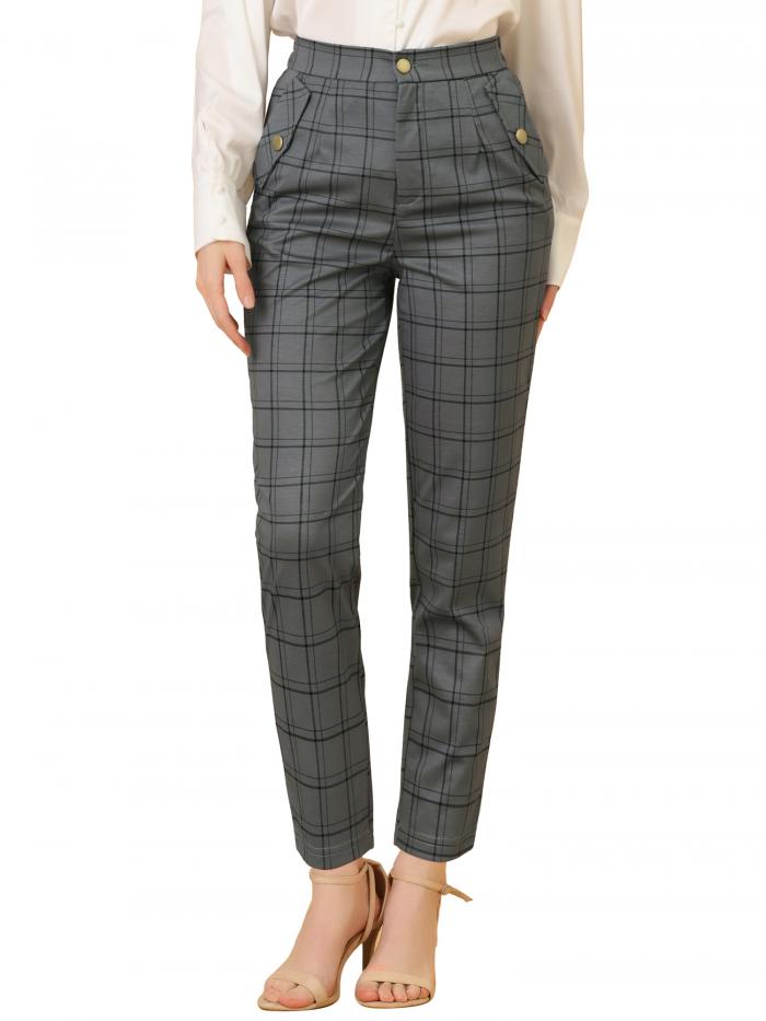 Allegra K ロングパンツ タータンチェック柄 ストレートウエストゴム ヴィンテージ レディース グレー S