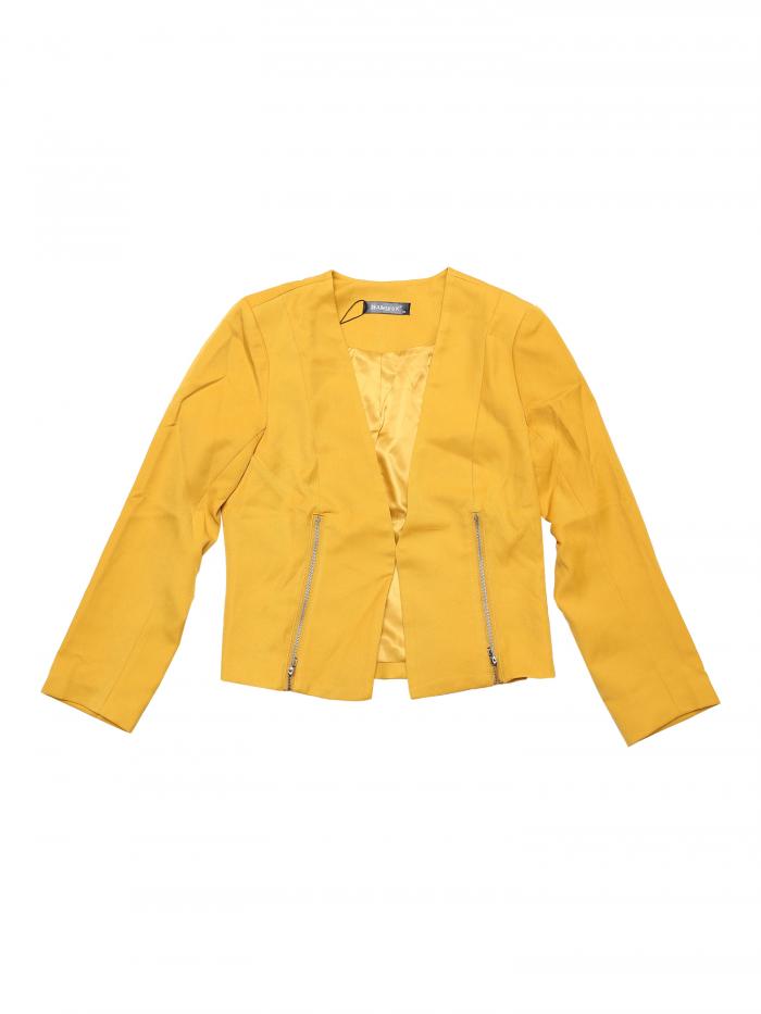 Allegra K クロップド ブレザー ノーカラージャケット 前開き オフィス 事務服 ジッパー レディース イエロー L