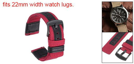 ナイロンウォッチバンド22mm クイックリリース キャンバスウォッチストラップ 黒ステンレススチールバックル付き 男性 女性 赤
