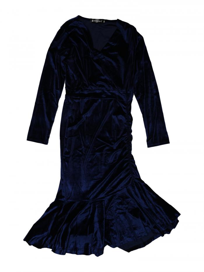 Allegra K ミディドレス カジュアルワンピース スモック ベルベット Vネック 長袖 パーティー レディース ネイビー XSのサムネイル