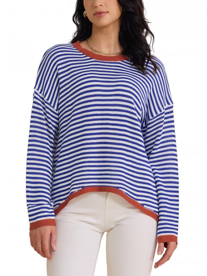 Allegra K レディース ストライプセーター カジュアル カーブヘム ドロップショルダー セーター プルオーバー トップス ブルー 2XL