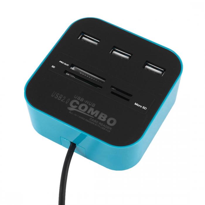 USBハブカードリーダー 3ポート USB2.0ハブ ワン SD/ TF マルチカード リーダー コンボ ブルー