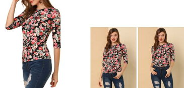 ソウテン Allegra K ボーダー tシャツ トップス ストライプ 横縞 七分袖 丸首 カジュアル レディース ブラック 花柄 L