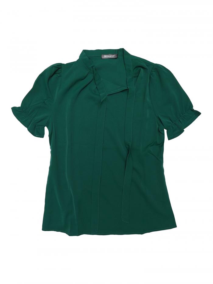 Allegra K 半袖 ブラウス トップス 蝶ネクタイネック シャツ エレガント オフィス レディース グリーン XS(4)