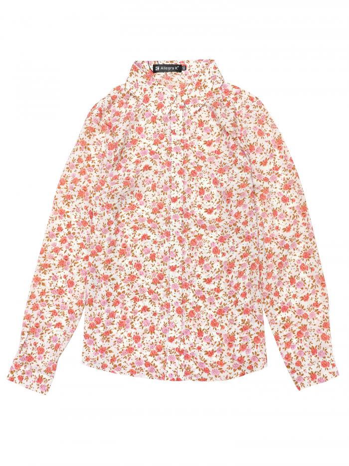 Allegra K 花柄シャツ ブラウス 長袖 おしゃれ ボタンダウン 通勤 オフィス カジュアル レディース ホワイト ピンク花 XS