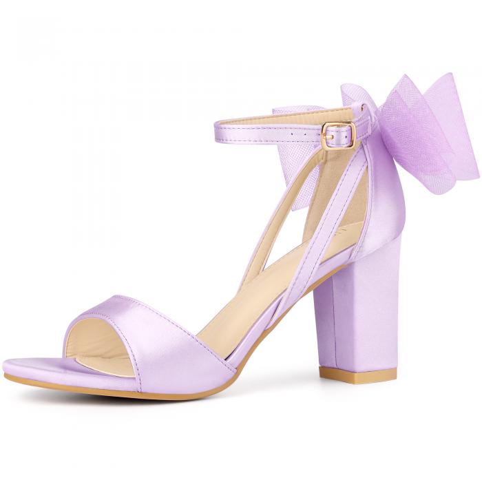 Allegra K レディース メッシュ ボウ アンクル ストラップ オープントゥ チャンキー ヒール サンダル パープル 24.0cm