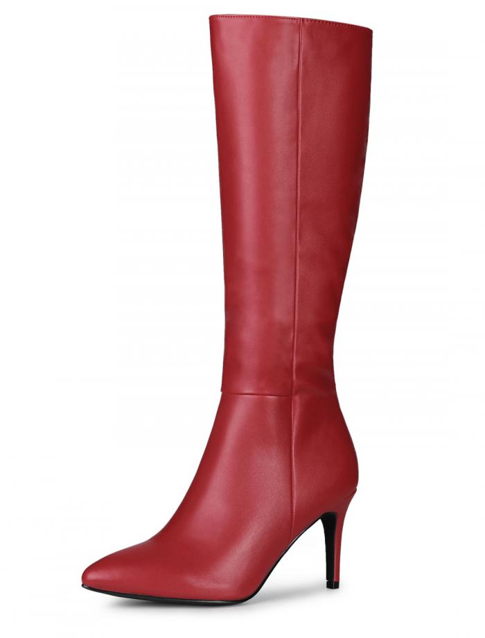 Allegra K ニーハイブーツ ポインテッドトゥ サイドジッパー ピンヒール スティレットヒール レディース レッド 23.5cm