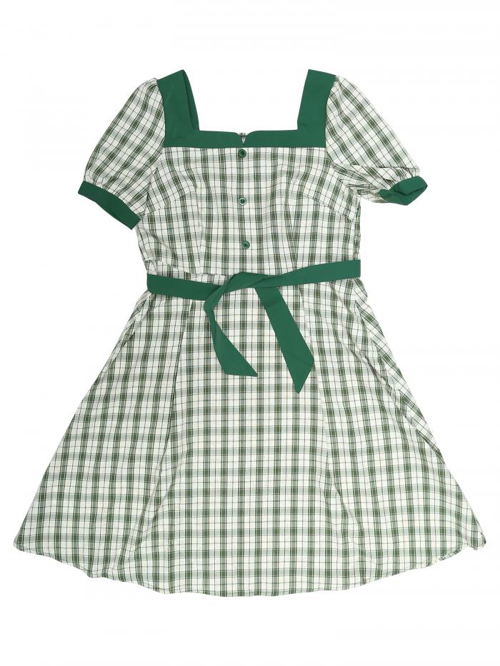 Allegra K チェックワンピース ドレス 春夏 ヴィンテージ コントラスト スクエアネック 半袖 レディース グリーン S