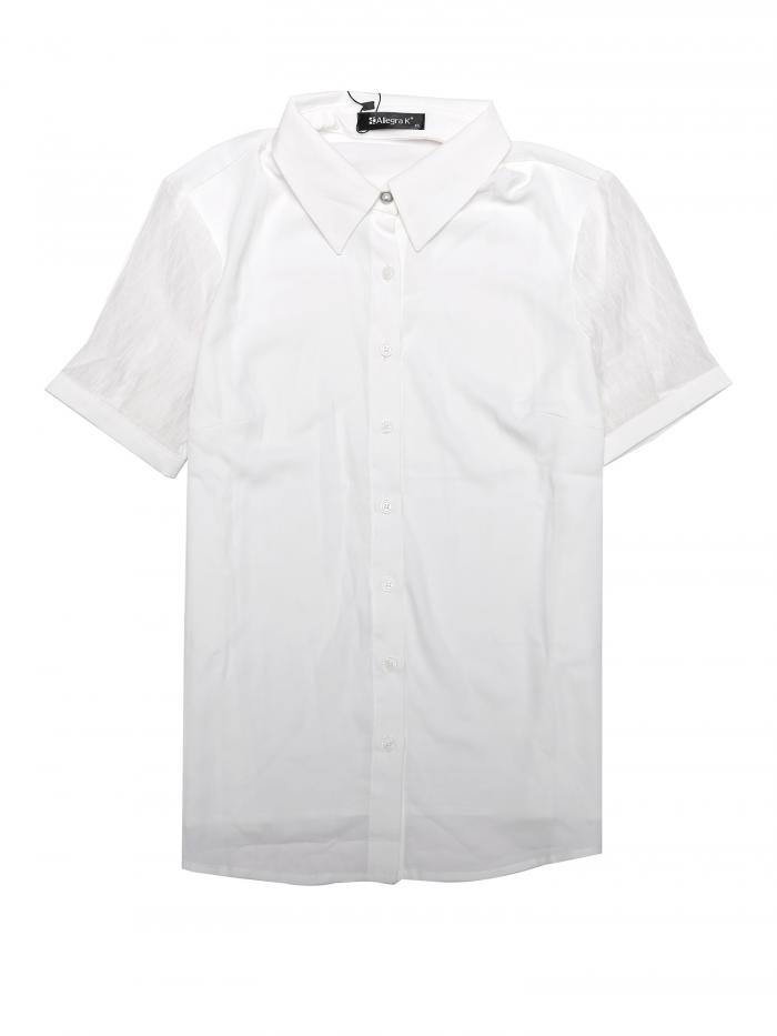 Allegra K ボタンダウンシャツ 通勤トップス 半袖ブラウス 薄手 シックスリーブ ポイントカラー レディース ホワイト XL