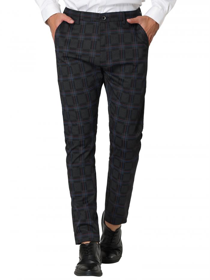 Lars Amadeus ストレートレッグスーツパンツ チェック柄 ビジネスパンツ スーツパンツ スリムフィット フラットフロントメンズ ブラック 28