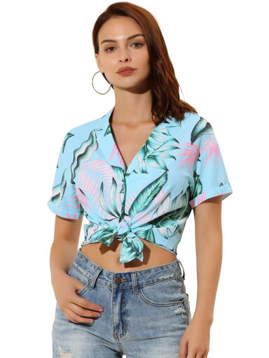 Allegra K 花柄 ハワイアンシャツ 襟付き トップス ブラウス 半袖 ボタンダウン ビーチ レディース ブルーピンク M Allegra K 花柄 ハワイアンシャツ 襟付き トップス ブラウス 半袖 ボタンダウン ビーチ レディース ブルーピンク M