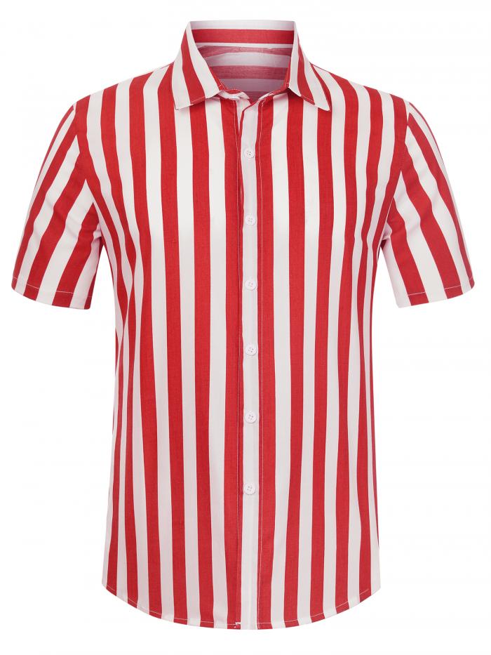 Lars Amadeus ストライプシャツ ボタンダウンビーチシャツ 半袖トップス カジュアル サマー メンズ ホワイトレッド S