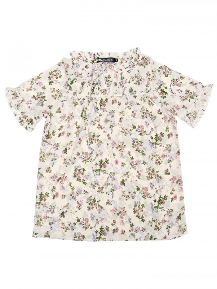 Allegra K 花柄 ボウタイブラウス トップス フリル 結びリボン 半袖 レディース ベージュピンク M