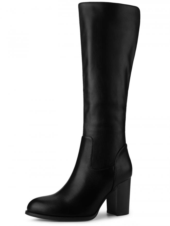 Allegra K ニーハイブーツ ラウンドトゥ ブロックヒール チャンキーヒール レディース ブラック 25.0 cm