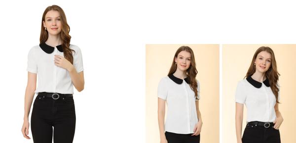 Allegra K ブラウス レディース 半袖 シフオンブラウス 折り襟 無地 シャツ オフィス カジュアル トップス 着痩せ おしゃれ 通勤 OL ホワイト S