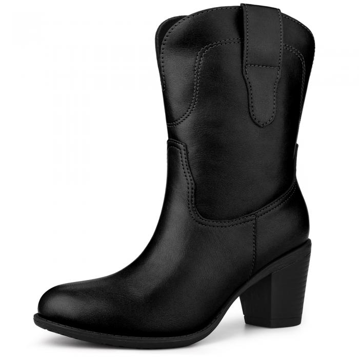 Allegra K カウボーイ ブーツ ブロックヒール ラウンドトゥ スリッポン レディース ブラック 24.0 cm