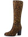 Allegra K ニーハイブーツ ラウンドトゥ ブロックヒール チャンキーヒール レディース ヒョウ柄 24.0 cm