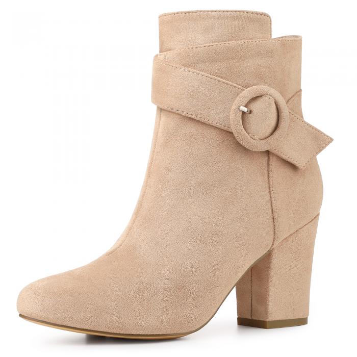 Perphy 女性のためのラウンドトゥサイドジップバックルチャンキーヒールアンクルブーツ ヌード 25.5cm
