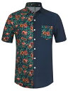 Lars Amadeus ハワイアン花柄シャツ パッチワーク 半袖ボタンダウンシャツ サマーシャツ メンズ ネイビー L