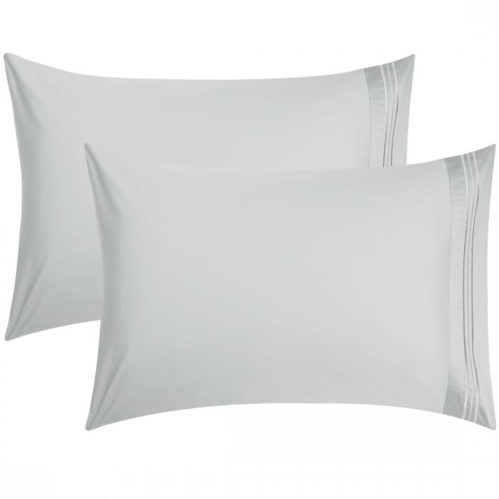 綿100％刺繍入り枕ケース枕カバー?600スレッドカウントロング?ステープルコームドピュアナチュラルコットンピローケース?ソフト＆シルキーサテン織り 個セット シルバーグレー 標準