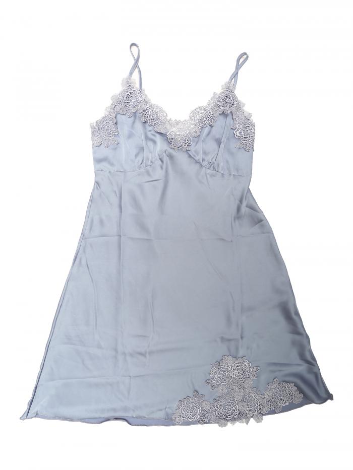 Allegra K サテン レース スリップ キャミソールワンピース セクシー ベビードール ランジェリー ナイトウェア インナー Vネック グレーブルー S