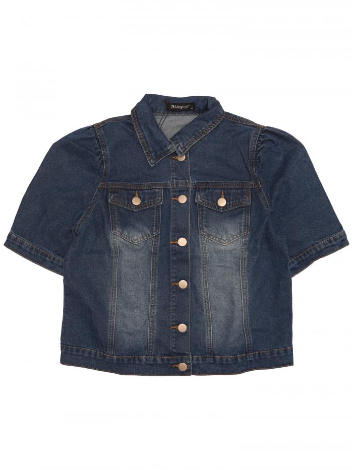 Allegra K ジャケット ショート パフ スリーブ ボタンダウン ジーンズ デニム ジャケット レディース ブルー L