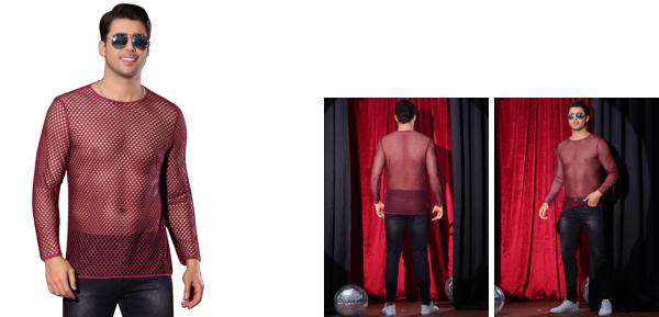 Lars Amadeus メッシュ Tシャツ メンズ 長袖 クラブ パーティー シースルー シアー トップ ティー レッド L