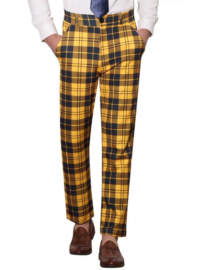 Lars Amadeus ロングパンツ カジュアルズボン 格子縞 チェック柄 フラット フロント ストレッチ ビジネス 通勤 メンズ イエローブラック 32(4)