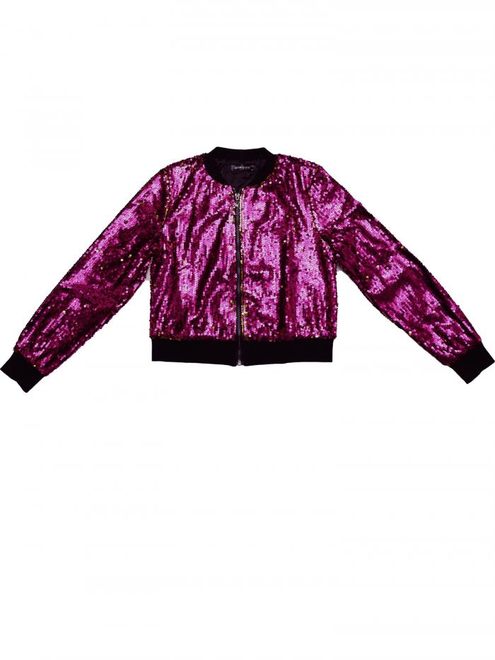 Allegra K ボンバージャケット スパンコールトップ 長袖 シャイニー パーティー レディース ローズレッド XS