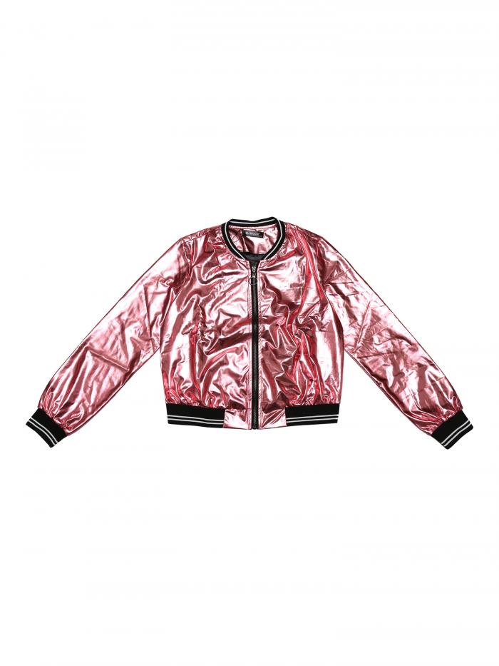 Allegra K スパンコール ジャケット スタジャン ブルゾン 光沢 メタリック ショート 長袖 薄手 レディース ピンク色 M