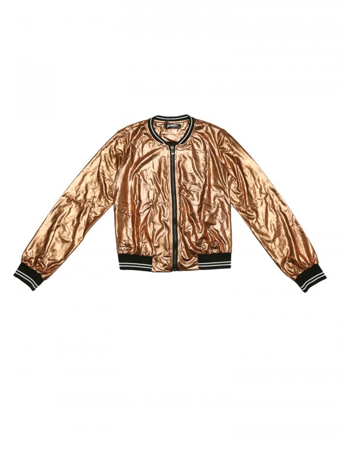 Allegra K スパンコール ジャケット スタジャン ブルゾン 光沢 メタリック ショート 長袖 薄手 レディース 金茶色 M