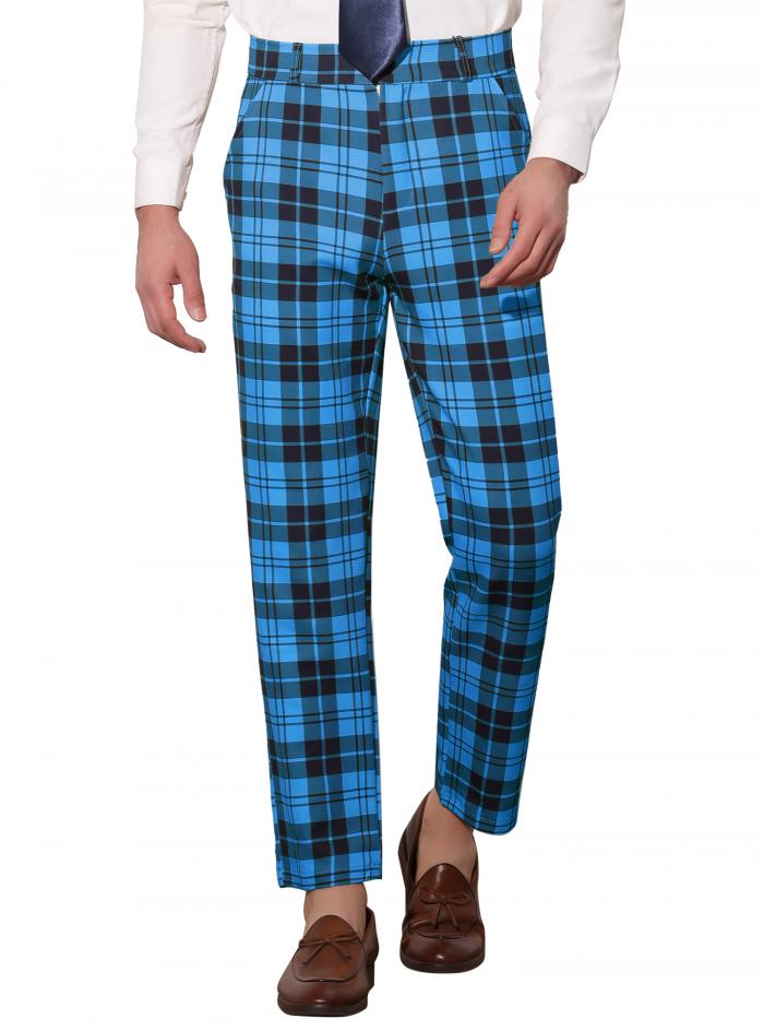 Lars Amadeus ロングパンツ カジュアルズボン クラシック チェック柄 ドレス ポケット ボタン メンズ ブルー 38