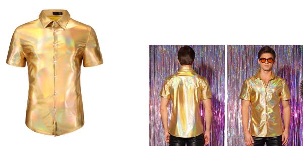 Lars Amadeus メンズ ボタンダウン シャイニー メタリック シャツ ホログラフィック 半袖シャツ カラフル パーティー ゴールデン M