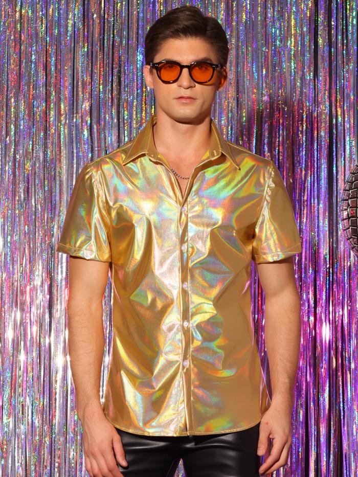 Lars Amadeus メンズ ボタンダウン シャイニー メタリック シャツ ホログラフィック 半袖シャツ カラフル パーティー ゴールデン M