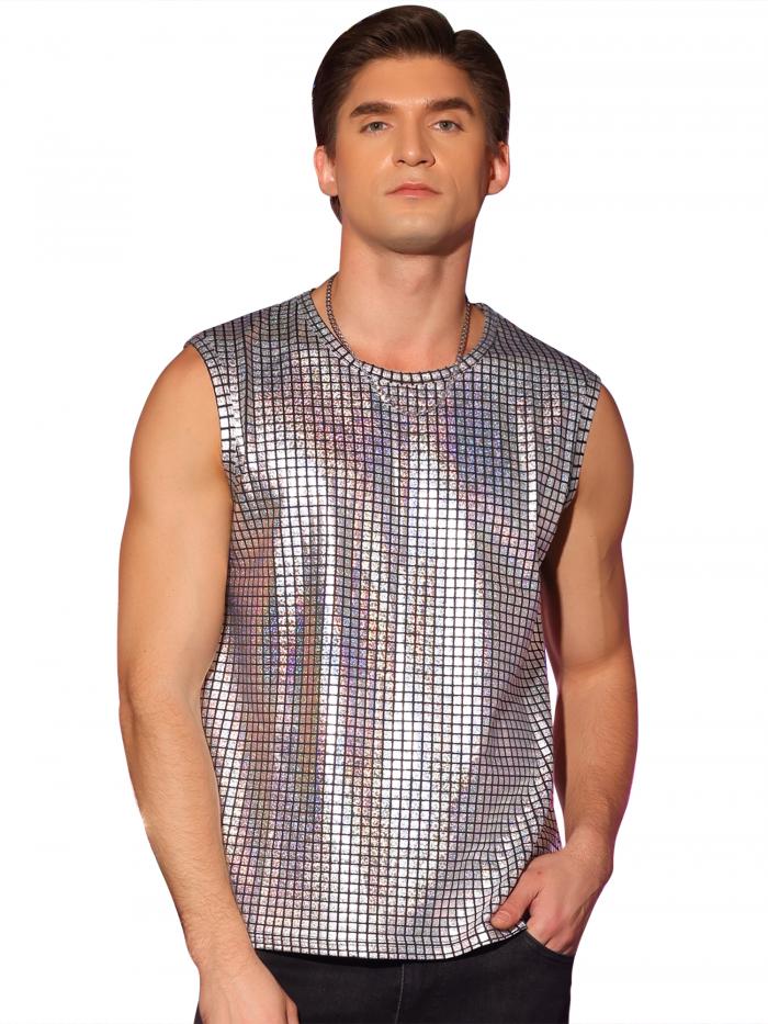Lars Amadeus メンズ シャイニング ベスト ノースリーブ チェック柄 メタリック タンク トップ ノースリーブ パーティー クラブ シルバー XL