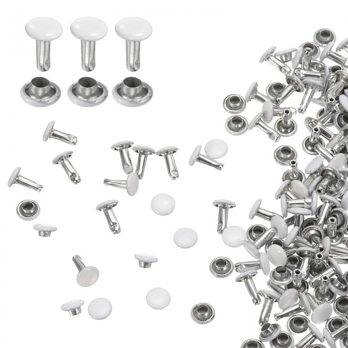 100セット ダブルキャップレザーリベット 6x8mm 丸キャップチューブ状メタルスタッズ 生地用ベルト ペっト用首輪 ブーツ バッグ 修理と装飾用 ホワイト
