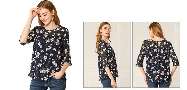 ソウテン 花柄 シフォンブラウス トップス フリル 七分袖 薄手 カジュアル レディース ネイビーブルー XS