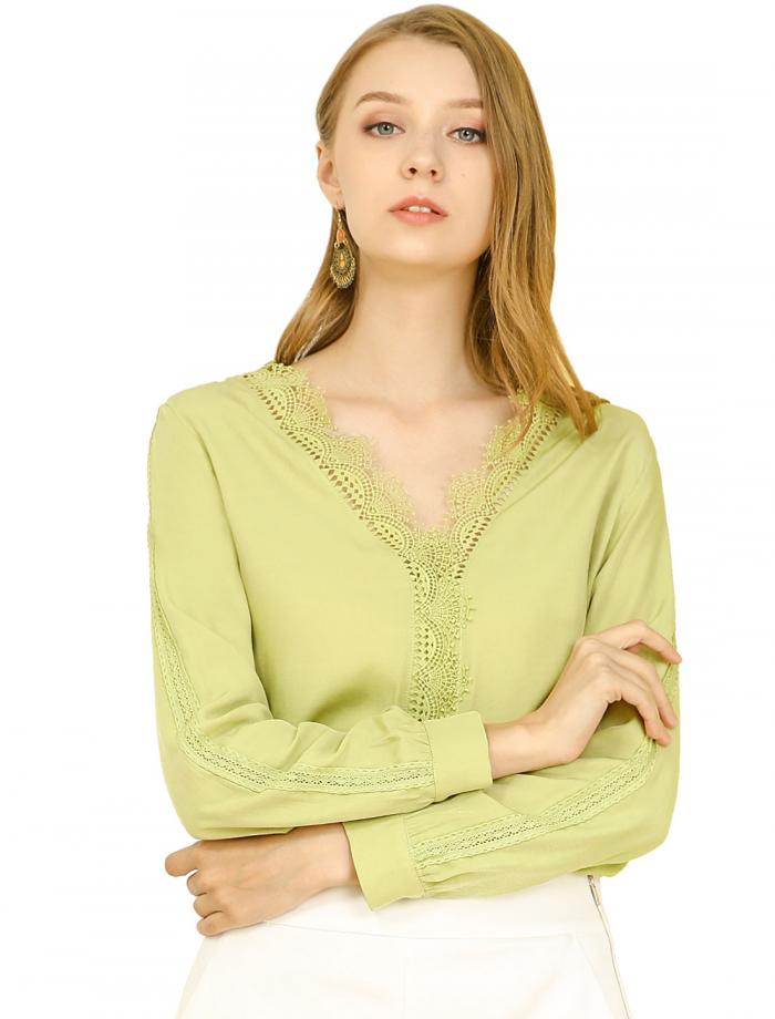 Allegra K かぎ針編み レース シャツ ブラウス トップス Vネック パッチワーク レディース グリーン S