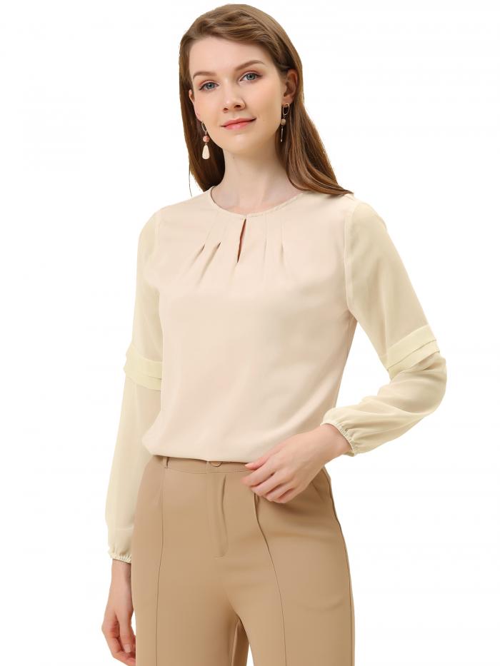 Allegra K シフォンブラウス トップス 長袖 フリル オフィス 仕事 無地 レディース アプリコット XL