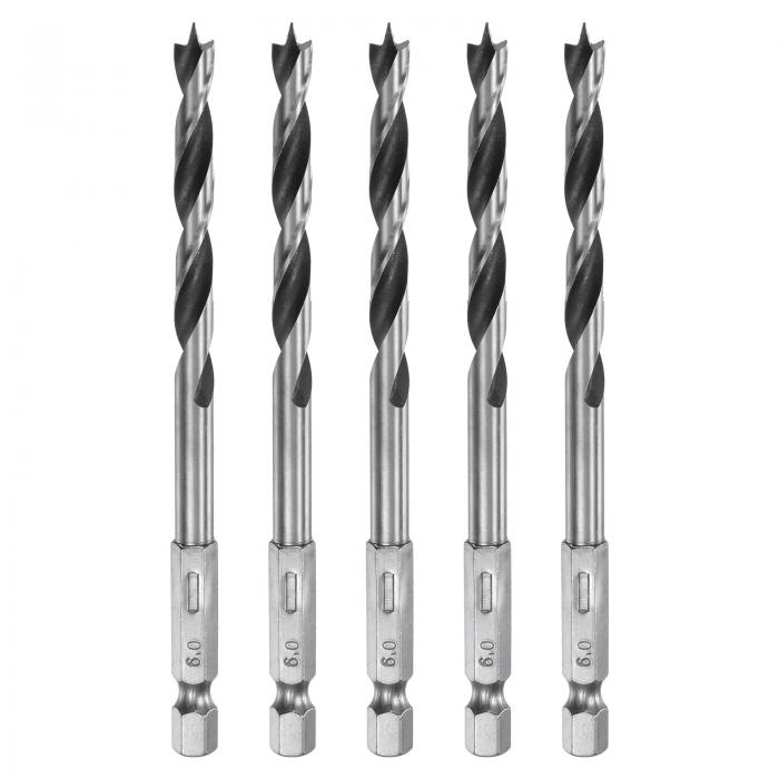 5個 ブ ラッドポイ ントドリルビット 6mm (15/64") 直径 ベアリングスチール 1/4" 六角シャンク 木工用..