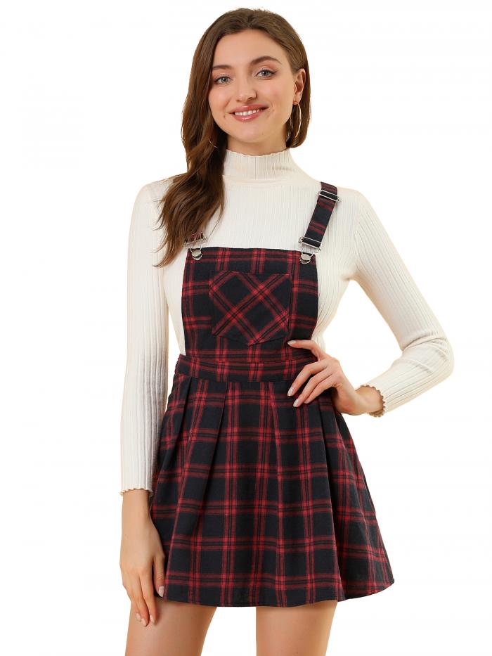 Allegra K チェック柄 サスペンダースカート ピナフォア オーバーオール 調節可能なストラップ レディース レッドブラック XL(4)