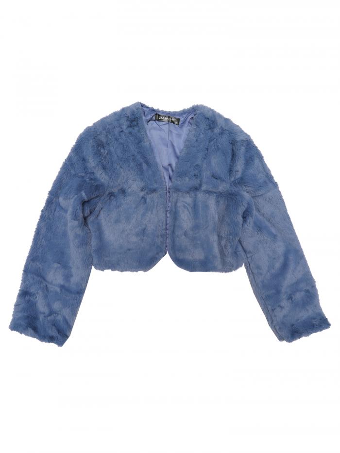 Allegra K フェイクファー コート ジャケット 襟なし 長袖 クロップド オープンフロント 前開き レディース ダスティブルー XS(4)