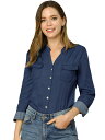 Allegra K ジーンズトップブラウス ポケット付き 長袖 スプリットネック デニムボタンダウンシャツ レディース ネイビーブルー S