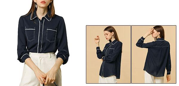 ボタンダウン シャツ ブラウス 長袖 事務服 通勤 オフィス カジュアル レディース ネイビーブルー M