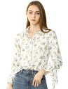 Allegra K 花柄ブラウス シャツ リボン 長袖 ボタンダウン カジュアル オフィス レディース ホワイト M